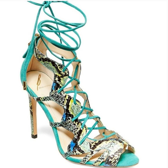 Brian Atwood “Tyra” Teal Snakeskin Gladiator Stiletto Sandal - Picture 1 of 6